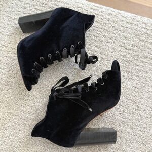 Schutz NEAPOLI Black Velvet Lace Up Peep Toe Booties BLOCK Heel WOMEN 8